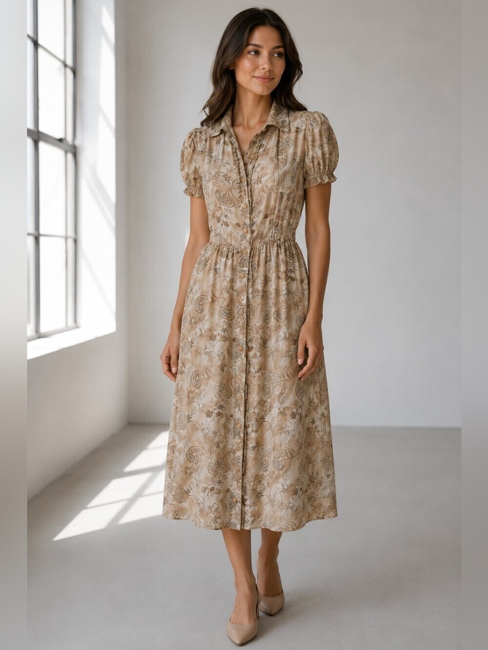 MAXIME 100% Silk Floral Vintage Inspired Button Front Midi Dress. Beige/blue. M